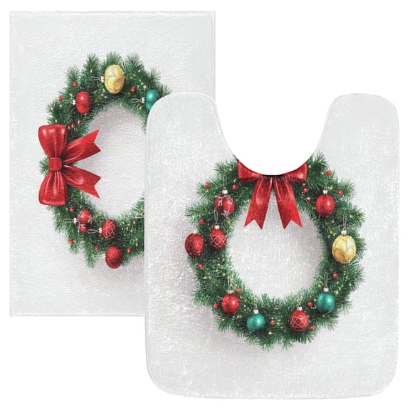 2 Piece Soft Bathroom Rug Set Christmas Wreath Bath Mat and U-Shaped Toilet Contour Rug (16"x24" 20"x24")