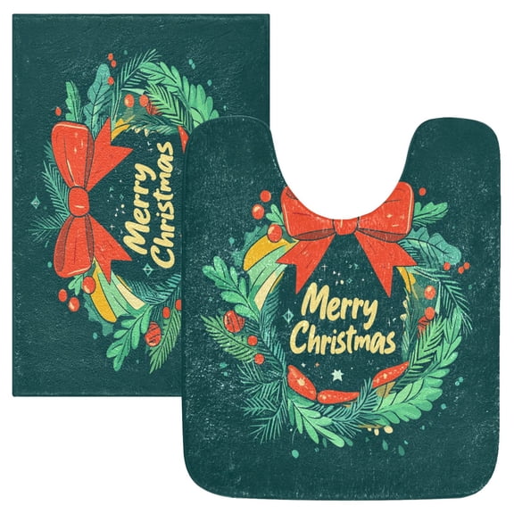 2 Piece Soft Bathroom Rug Set Christmas Wreath with A Bow Bath Mat and U-Shaped Toilet Contour Rug (16"x24" 20"x24")