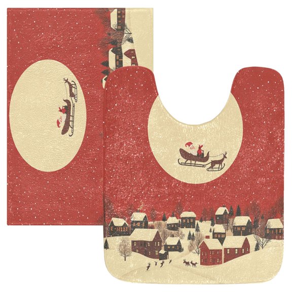 2 Piece Soft Bathroom Rug Set Christmas-themed Vibe Bath Mat and U-Shaped Toilet Contour Rug (16"x24" 20"x24")
