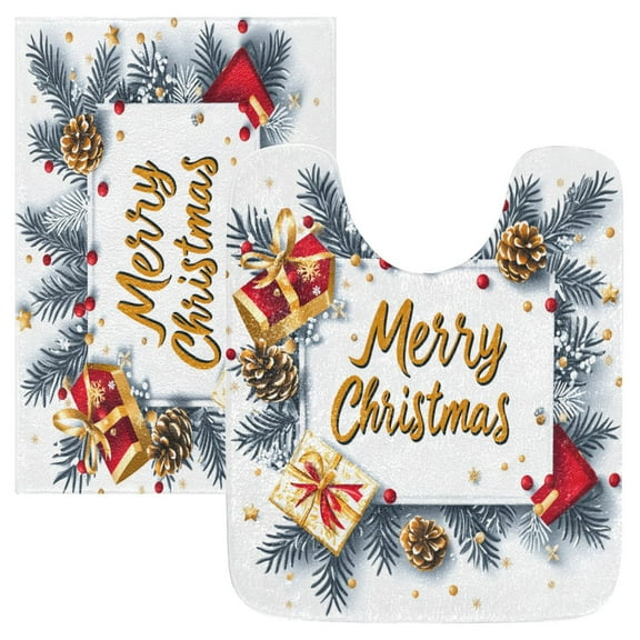 2 Piece Soft Bathroom Rug Set Christmas with Decoration Bath Mat and U-Shaped Toilet Contour Rug (16"x24" 20"x24")