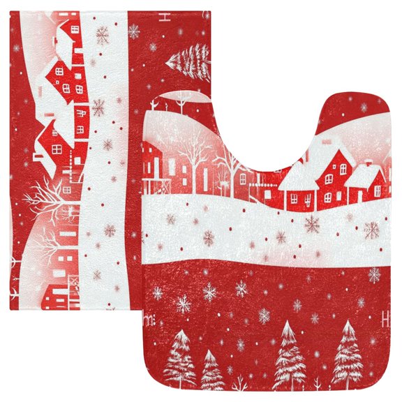 2 Piece Soft Bathroom Rug Set Christmasthemed Graphic Elements Bath Mat and U-Shaped Toilet Contour Rug (16"x24" 20"x24")