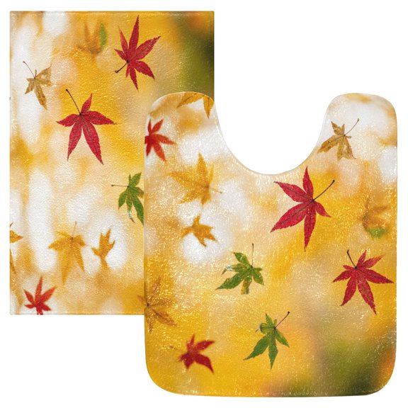 2 Piece Soft Bathroom Rug Set Colorful Autumn Leaves Bath Mat and U-Shaped Toilet Contour Rug (16"x24" 20"x24")