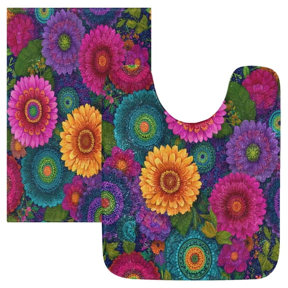 2 Piece Soft Bathroom Rug Set Colorful Blooming Flowers Bath Mat and U-Shaped Toilet Contour Rug (16"x24" 20"x24")