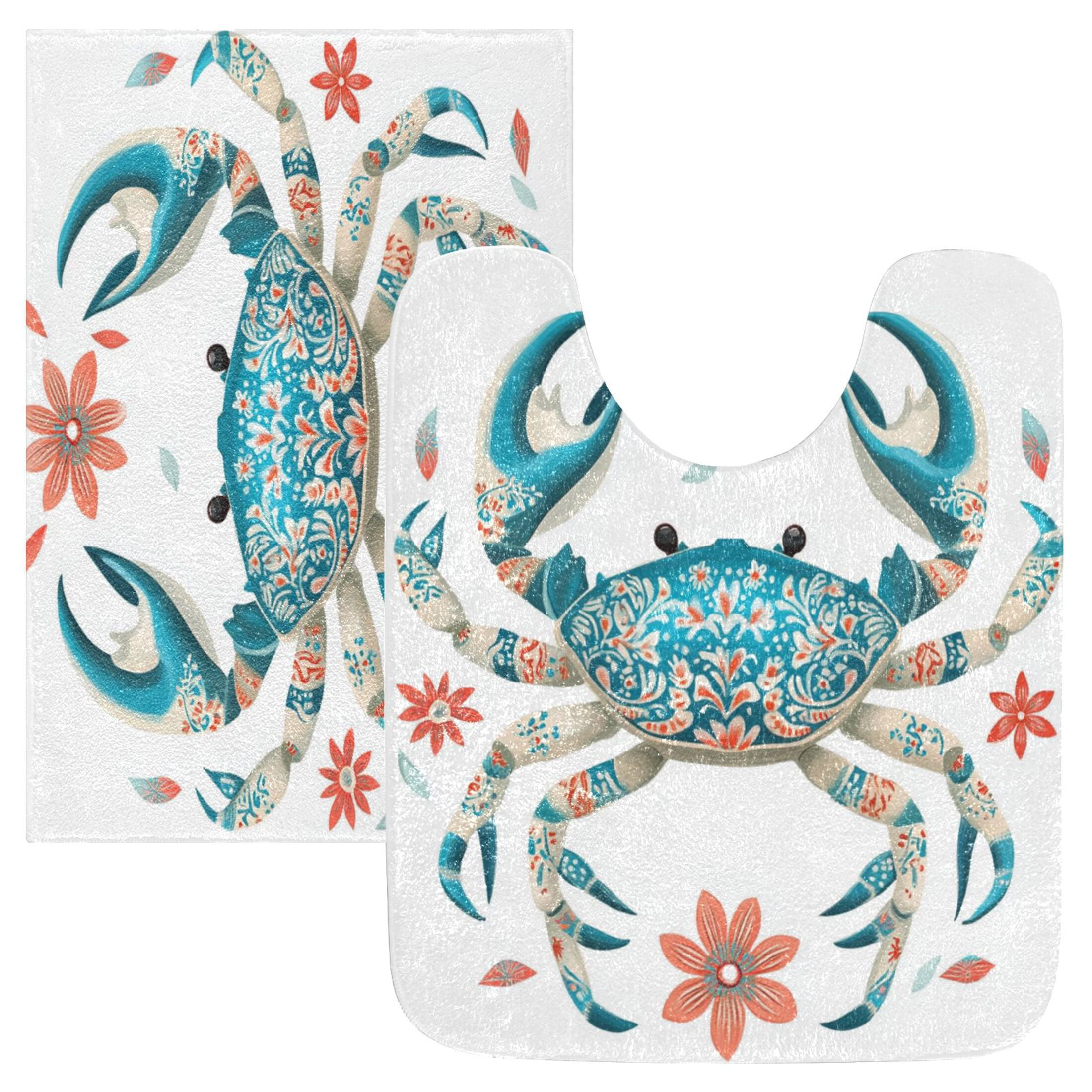 2 Piece Soft Bathroom Rug Set Colorful Blue Crab Bath Mat and U-Shaped Toilet Contour Rug (16"x24"+20"x24")