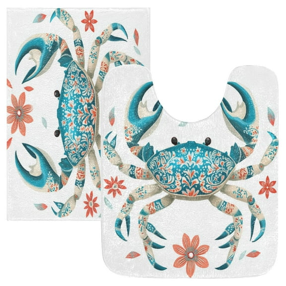 2 Piece Soft Bathroom Rug Set Colorful Blue Crab Bath Mat and U-Shaped Toilet Contour Rug (16"x24" 20"x24")