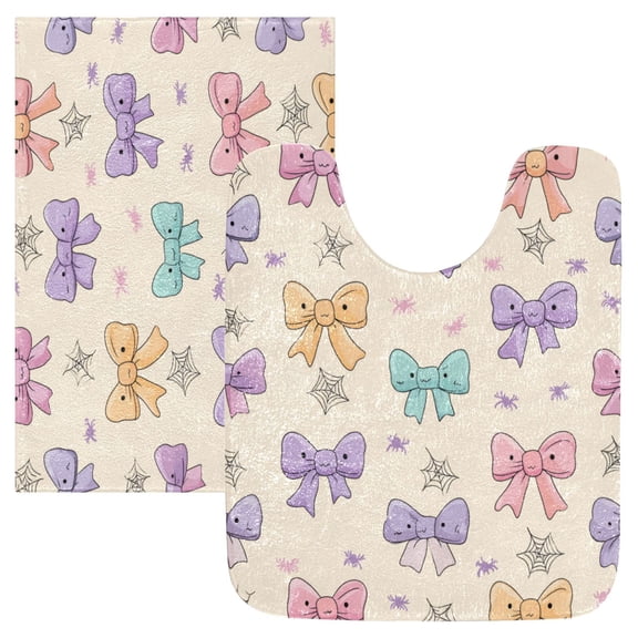 2 Piece Soft Bathroom Rug Set Colorful Bow Pattern Bath Mat and U-Shaped Toilet Contour Rug (16"x24" 20"x24")