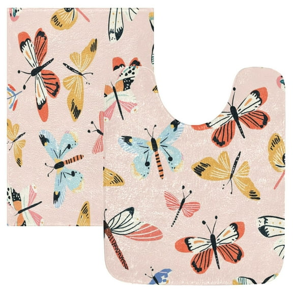2 Piece Soft Bathroom Rug Set Colorful Butterflies and Dragonflies Bath Mat and U-Shaped Toilet Contour Rug (16"x24"+20"x24")