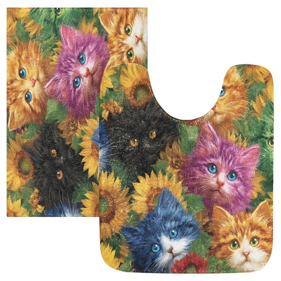 2 Piece Soft Bathroom Rug Set Colorful Cat and Sunflowers Bath Mat and U-Shaped Toilet Contour Rug (16"x24"+20"x24")