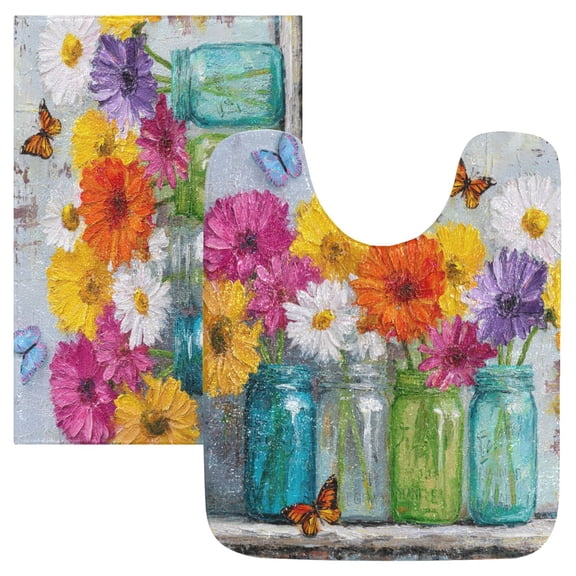 2 Piece Soft Bathroom Rug Set Colorful Daisies and Butterflies Bath Mat and U-Shaped Toilet Contour Rug (16"x24" 20"x24")