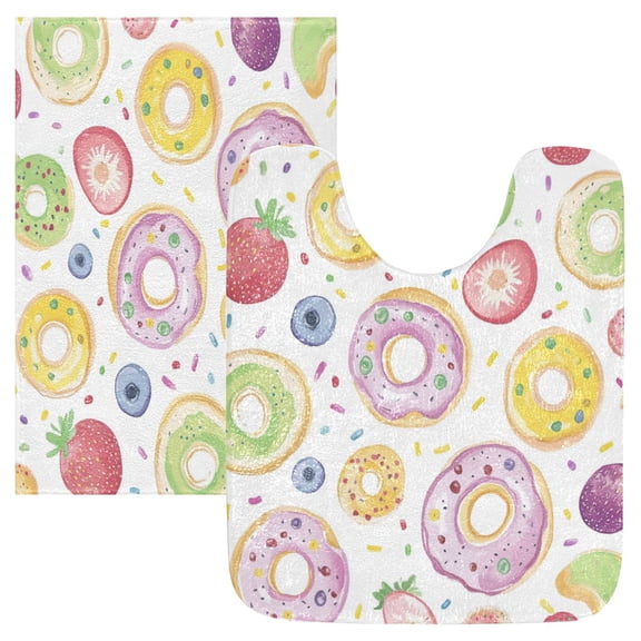 2 Piece Soft Bathroom Rug Set Colorful Doughnuts Pattern Bath Mat and U-Shaped Toilet Contour Rug (16"x24"+20"x24")