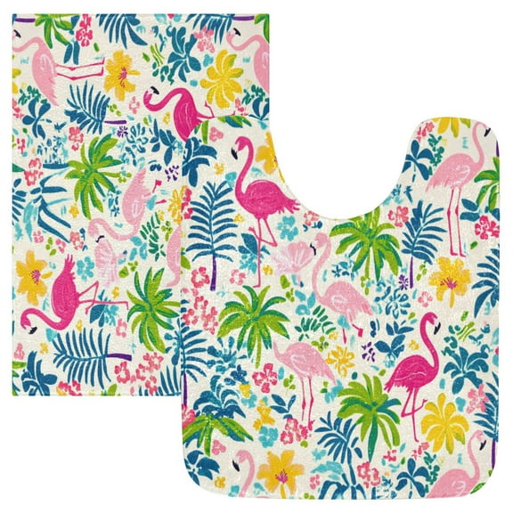 2 Piece Soft Bathroom Rug Set Colorful Flamingo Pattern Bath Mat and U-Shaped Toilet Contour Rug (16"x24" 20"x24")