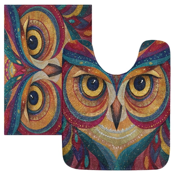 2 Piece Soft Bathroom Rug Set Colorful Owl Face Bath Mat and U-Shaped Toilet Contour Rug (16"x24" 20"x24")