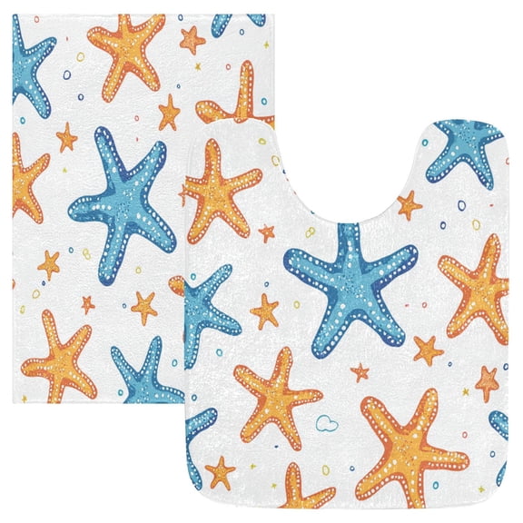 2 Piece Soft Bathroom Rug Set Colorful Starfish Pattern Bath Mat and U-Shaped Toilet Contour Rug (16"x24" 20"x24")