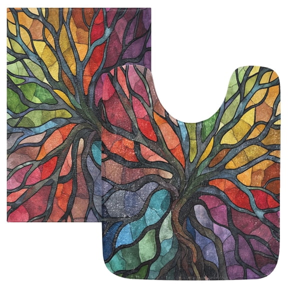 Soft Bathroom Rug Set Colorful Tree Branches Bath Mat and U-Shaped Toilet Contour Rug (16"x24"+20"x24")