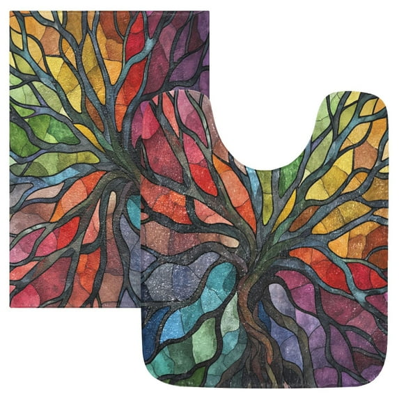 2 Piece Soft Bathroom Rug Set Colorful Tree Branches Bath Mat and U-Shaped Toilet Contour Rug (16"x24"+20"x24")