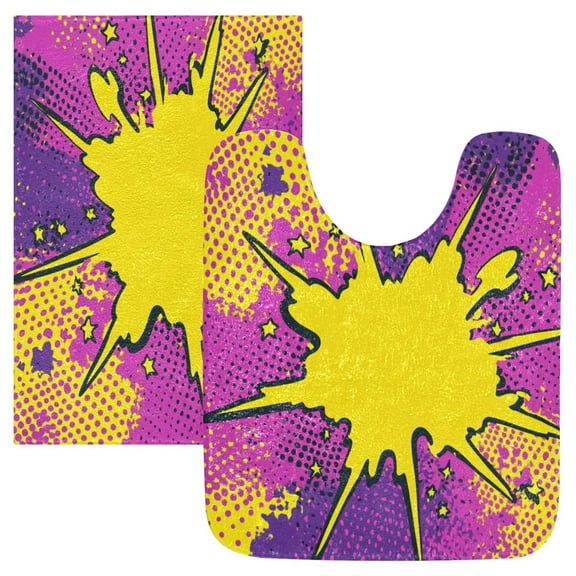 2 Piece Soft Bathroom Rug Set Comic Explosion Effect Bath Mat and U-Shaped Toilet Contour Rug (16"x24"+20"x24")