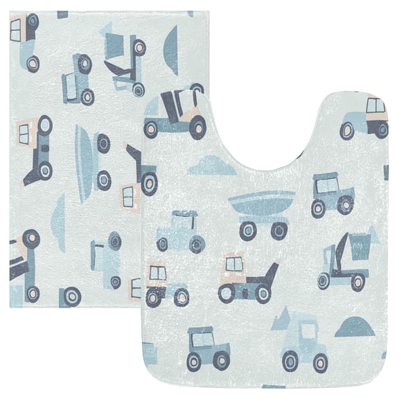 2 Piece Soft Bathroom Rug Set Construction Vehicles Bath Mat and U-Shaped Toilet Contour Rug (16"x24"+20"x24")