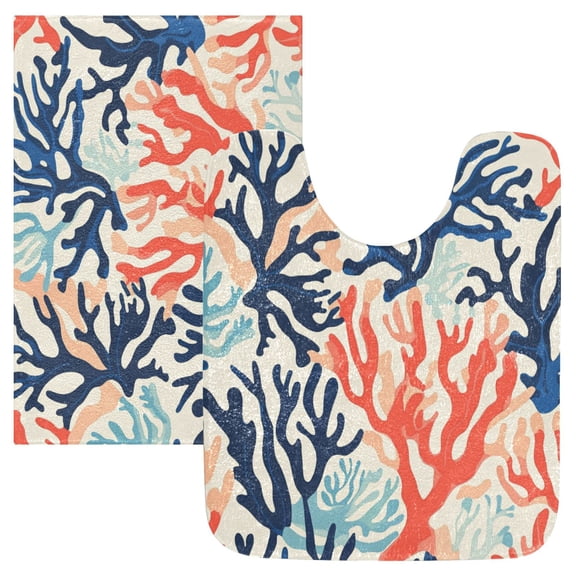 2 Piece Soft Bathroom Rug Set Coral Pattern Bath Mat and U-Shaped Toilet Contour Rug (16"x24" 20"x24")