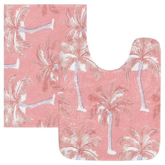2 Piece Soft Bathroom Rug Set Coral Pink Palm Tree Bath Mat and U-Shaped Toilet Contour Rug (16"x24" 20"x24")