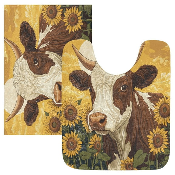 2 Piece Soft Bathroom Rug Set Cow and Sunflowers Bath Mat and U-Shaped Toilet Contour Rug (16"x24"+20"x24")