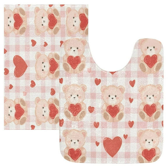 2 Piece Soft Bathroom Rug Set Cute Bear Pattern Bath Mat and U-Shaped Toilet Contour Rug (16"x24" 20"x24")