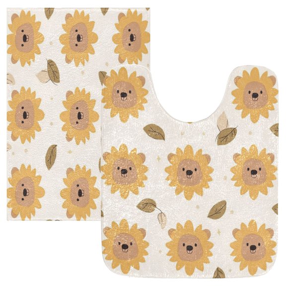 2 Piece Soft Bathroom Rug Set Cute Bear-face Sunflower Bath Mat and U-Shaped Toilet Contour Rug (16"x24"+20"x24")