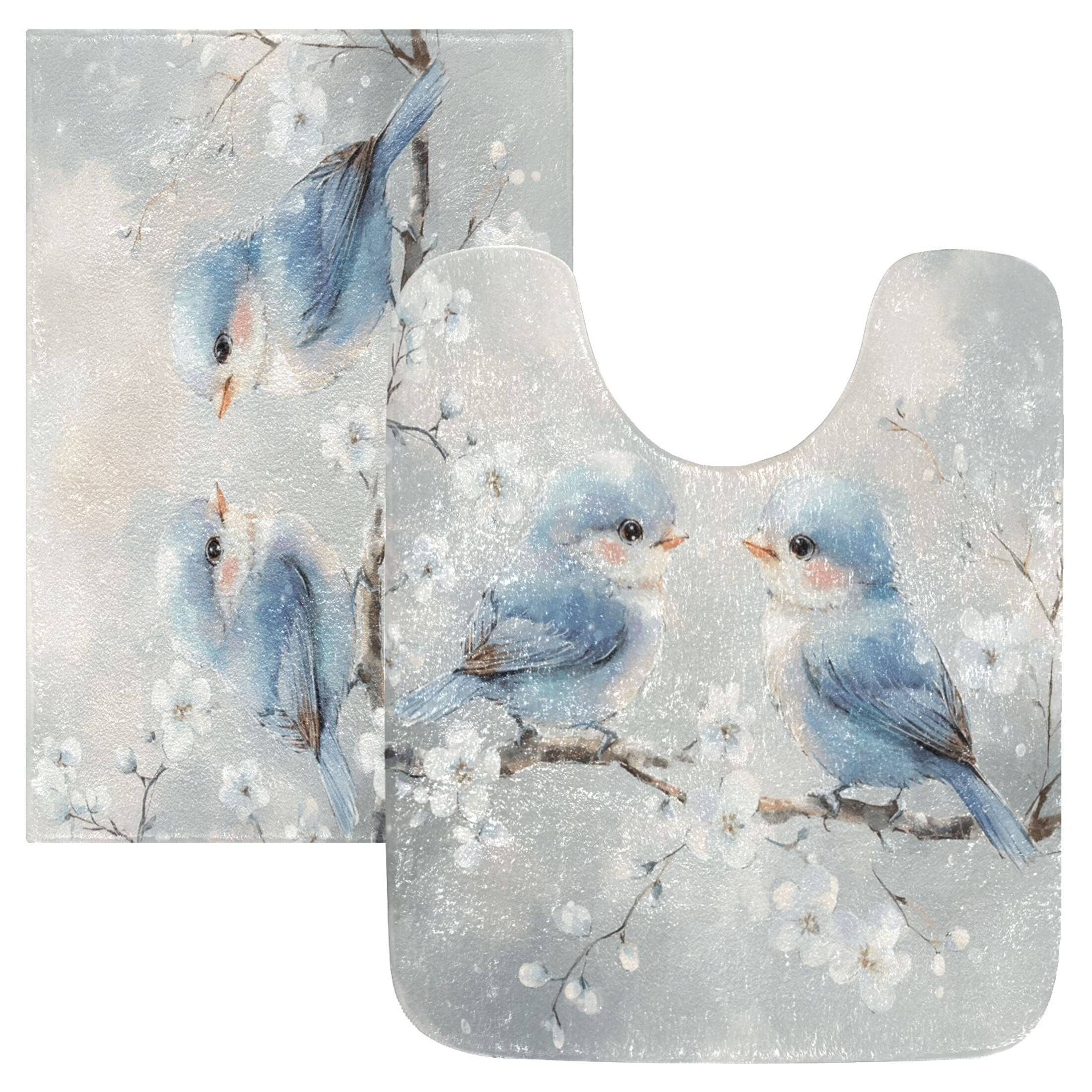2 Piece Soft Bathroom Rug Set Cute Blue Birds Bath Mat and U-Shaped Toilet Contour Rug (16"x24"+20"x24")