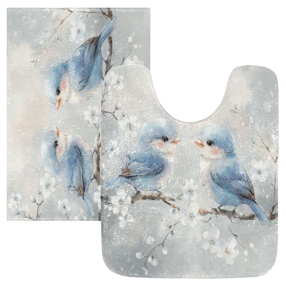 2 Piece Soft Bathroom Rug Set Cute Blue Birds Bath Mat and U-Shaped Toilet Contour Rug (16"x24" 20"x24")