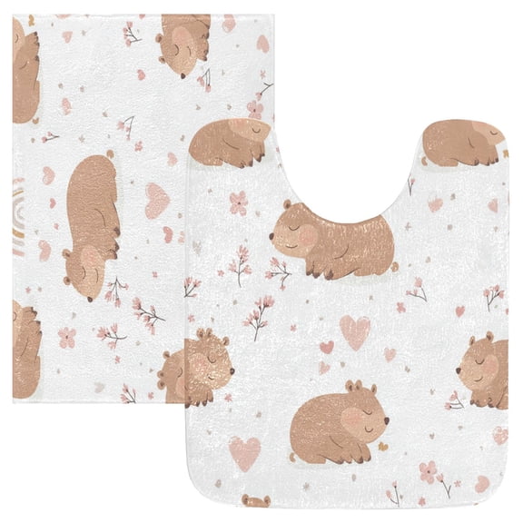 2 Piece Soft Bathroom Rug Set Cute Capybara Pattern Bath Mat and U-Shaped Toilet Contour Rug (16"x24" 20"x24")