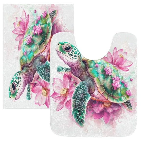 2 Piece Soft Bathroom Rug Set Cute Cartoon Sea Turtle Bath Mat and U-Shaped Toilet Contour Rug (16"x24"+20"x24")
