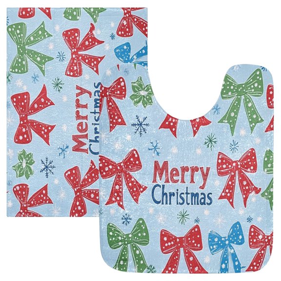 2 Piece Soft Bathroom Rug Set Cute Christmas Bows Bath Mat and U-Shaped Toilet Contour Rug (16"x24" 20"x24")