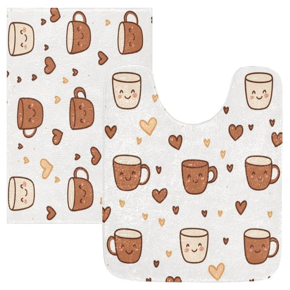 2 Piece Soft Bathroom Rug Set Cute Coffee Cup Pattern Bath Mat and U-Shaped Toilet Contour Rug (16"x24" 20"x24")