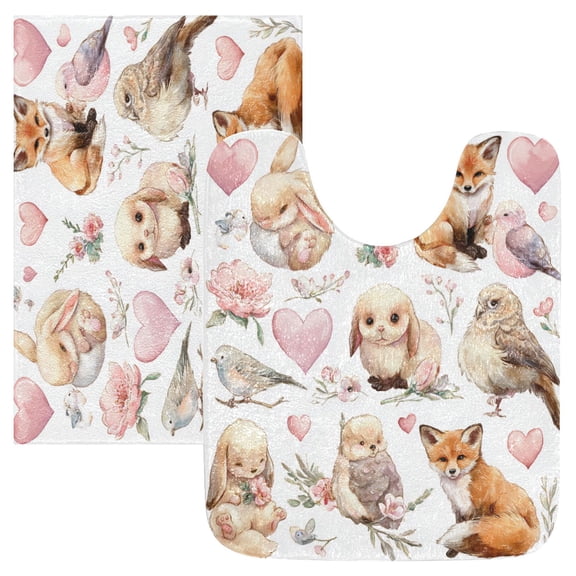 2 Piece Soft Bathroom Rug Set Cute Collection Of Animals Bath Mat and U-Shaped Toilet Contour Rug (16"x24" 20"x24")