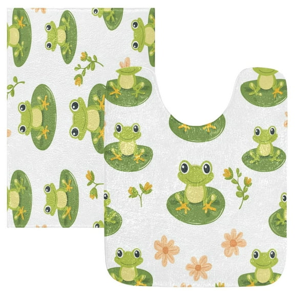 2 Piece Soft Bathroom Rug Set Cute Frog Pattern Bath Mat and U-Shaped Toilet Contour Rug (16"x24"+20"x24")