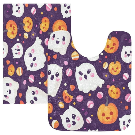2 Piece Soft Bathroom Rug Set Cute Ghost Pattern Bath Mat and U-Shaped Toilet Contour Rug (16"x24" 20"x24")