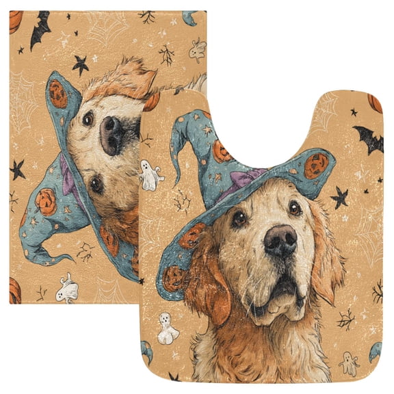 2 Piece Soft Bathroom Rug Set Cute Golden Retriever Bath Mat and U-Shaped Toilet Contour Rug (16"x24" 20"x24")