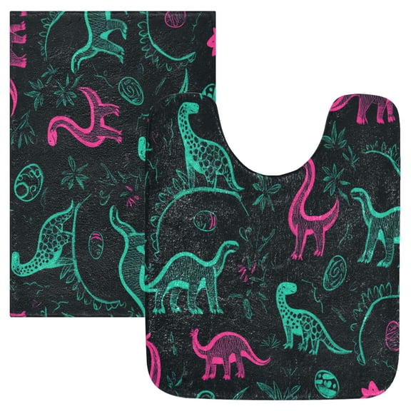 2 Piece Soft Bathroom Rug Set Cute Green Dinosaurs Bath Mat and U-Shaped Toilet Contour Rug (16"x24" 20"x24")