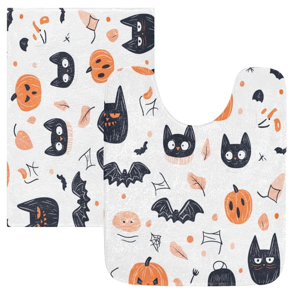 2 Piece Soft Bathroom Rug Set Cute Halloween Elements Bath Mat and U-Shaped Toilet Contour Rug (16"x24" 20"x24")