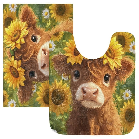 2 Piece Soft Bathroom Rug Set Cute Highland Cow Bath Mat and U-Shaped Toilet Contour Rug (16"x24" 20"x24")