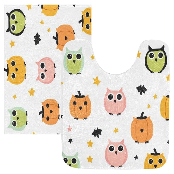 2 Piece Soft Bathroom Rug Set Cute Owls Pattern Bath Mat and U-Shaped Toilet Contour Rug (16"x24" 20"x24")