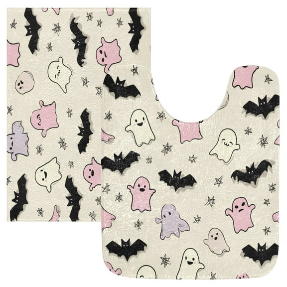 2 Piece Soft Bathroom Rug Set Cute Pastel Ghosts Pattern Bath Mat and U-Shaped Toilet Contour Rug (16"x24" 20"x24")