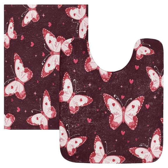 2 Piece Soft Bathroom Rug Set Cute Pink Butterflies Bath Mat and U-Shaped Toilet Contour Rug (16"x24" 20"x24")
