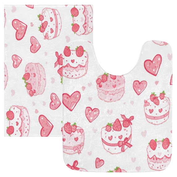 2 Piece Soft Bathroom Rug Set Cute Pink Cake Pattern Bath Mat and U-Shaped Toilet Contour Rug (16"x24"+20"x24")