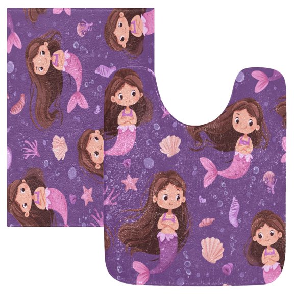 2 Piece Soft Bathroom Rug Set Cute Pink Mermaids Bath Mat and U-Shaped Toilet Contour Rug (16"x24" 20"x24")