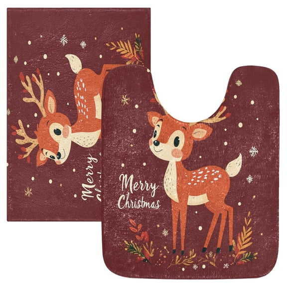 2 Piece Soft Bathroom Rug Set Cute Reindeer Character Bath Mat and U-Shaped Toilet Contour Rug (16"x24" 20"x24")