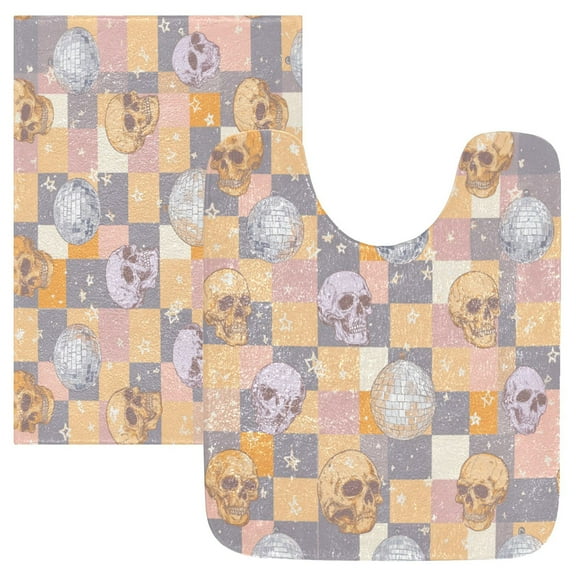2 Piece Soft Bathroom Rug Set Cute Skull and Stars Pattern Bath Mat and U-Shaped Toilet Contour Rug (16"x24" 20"x24")