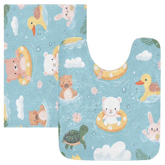 2 Piece Soft Bathroom Rug Set Cute Summer Animals Pattern Bath Mat and U-Shaped Toilet Contour Rug (16"x24" 20"x24")