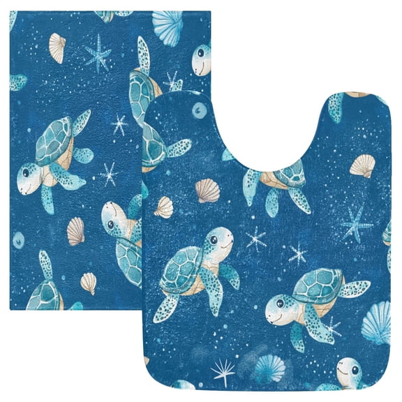 2 Piece Soft Bathroom Rug Set Cute Turtles Pattern Bath Mat and U-Shaped Toilet Contour Rug (16"x24"+20"x24")