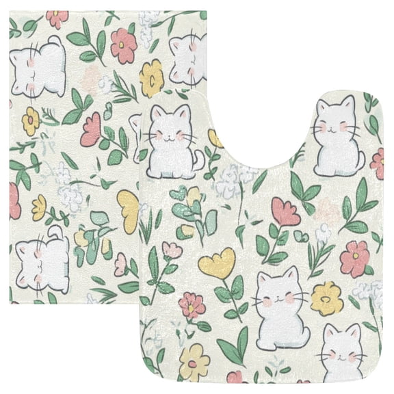 2 Piece Soft Bathroom Rug Set Cute White Cat Pattern Bath Mat and U-Shaped Toilet Contour Rug (16"x24" 20"x24")