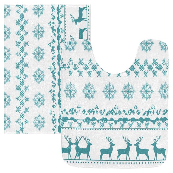2 Piece Soft Bathroom Rug Set Cyan Christmas Pattern Bath Mat and U-Shaped Toilet Contour Rug (16"x24" 20"x24")